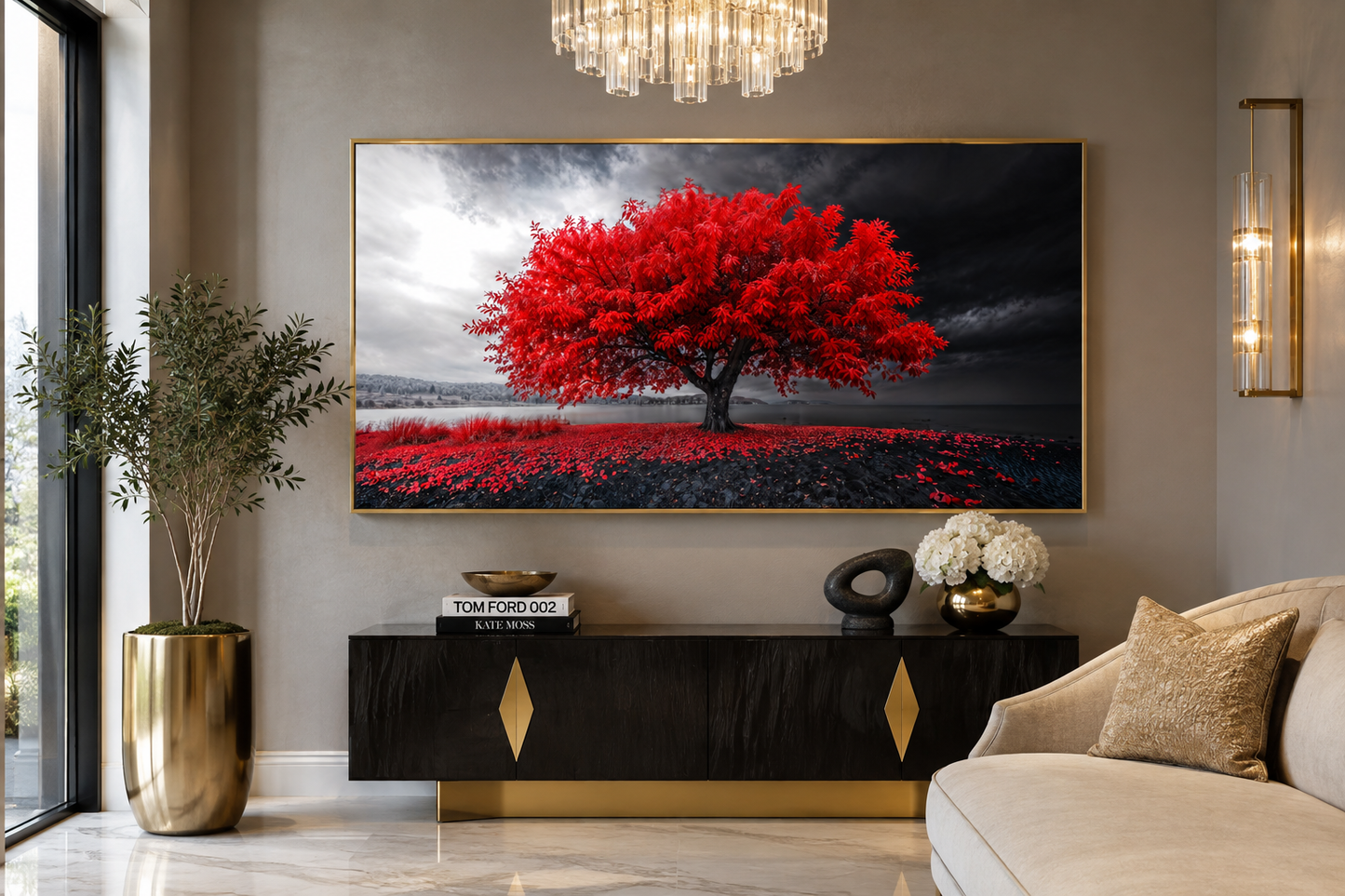 Red Tree Wall Art - Framed Canvas Print | Modern Black Red White Living Room Decor