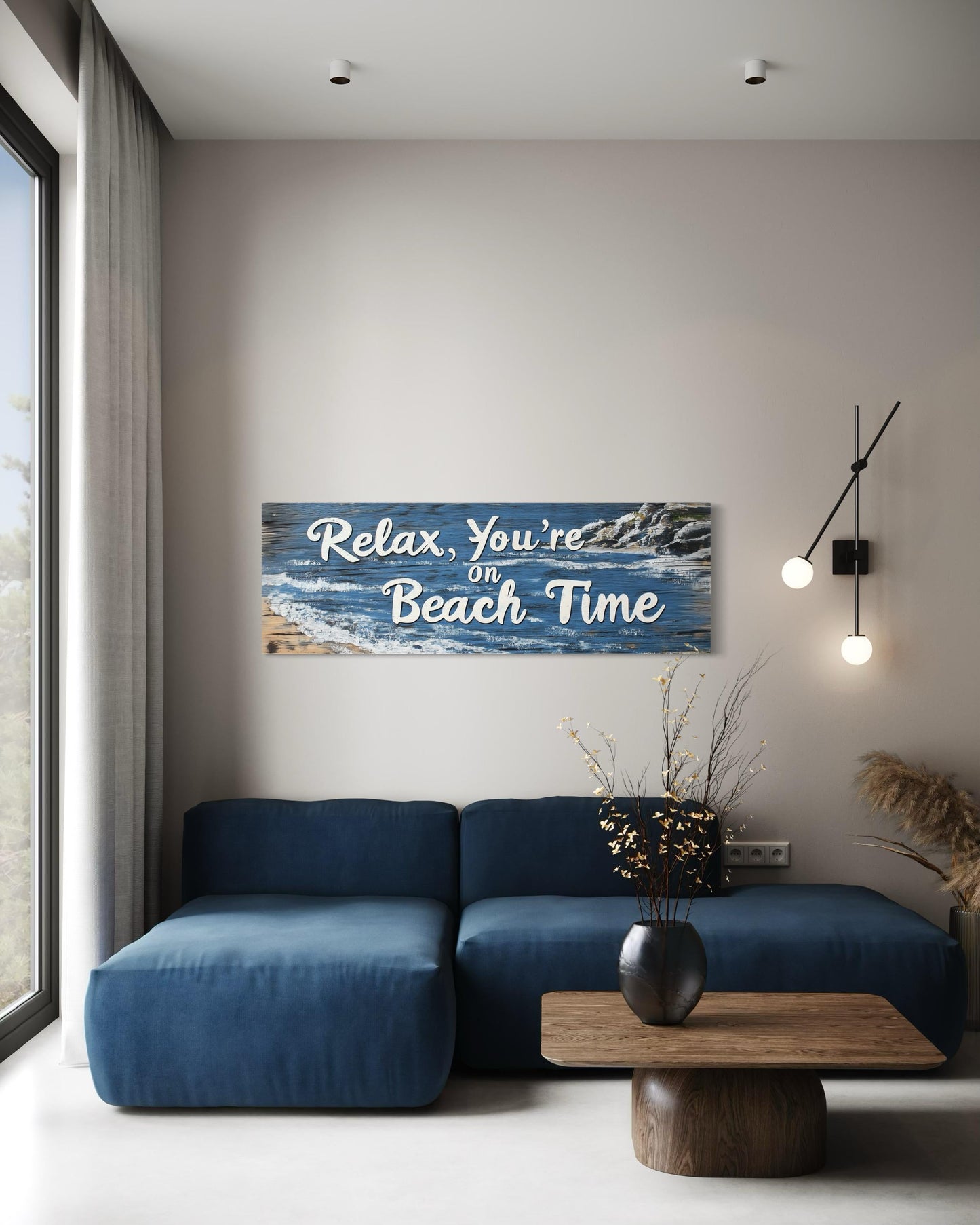 Relax You’re On Beach Time Long Horizontal Rustic Sign Over Bed Coastal Wall Art