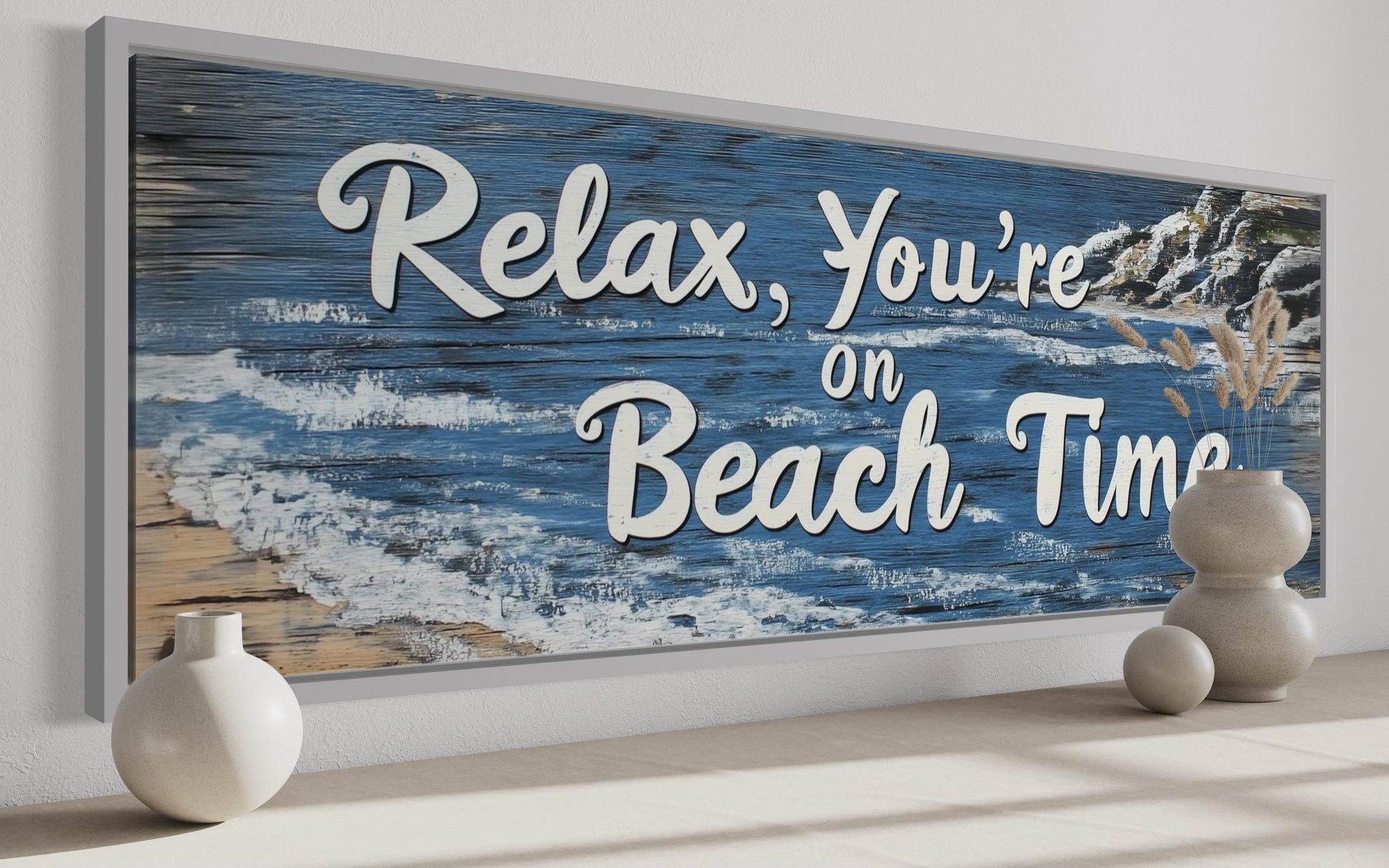 Relax You’re On Beach Time Long Horizontal Rustic Sign Over Bed Coastal Wall Art