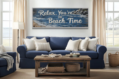 Relax You’re On Beach Time Long Horizontal Rustic Sign Over Bed Coastal Wall Art