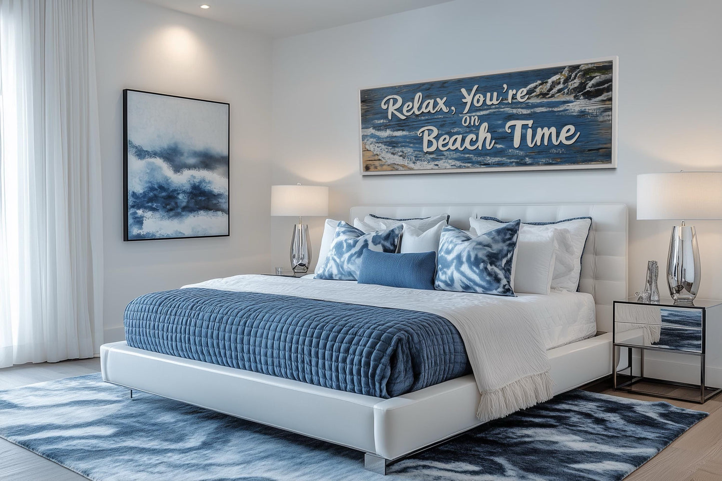 Relax You’re On Beach Time Long Horizontal Rustic Sign Over Bed Coastal Wall Art