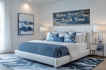 Relax You’re On Beach Time Long Horizontal Rustic Sign Over Bed Coastal Wall Art