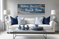 Relax You’re On Beach Time Long Horizontal Rustic Sign Over Bed Coastal Wall Art