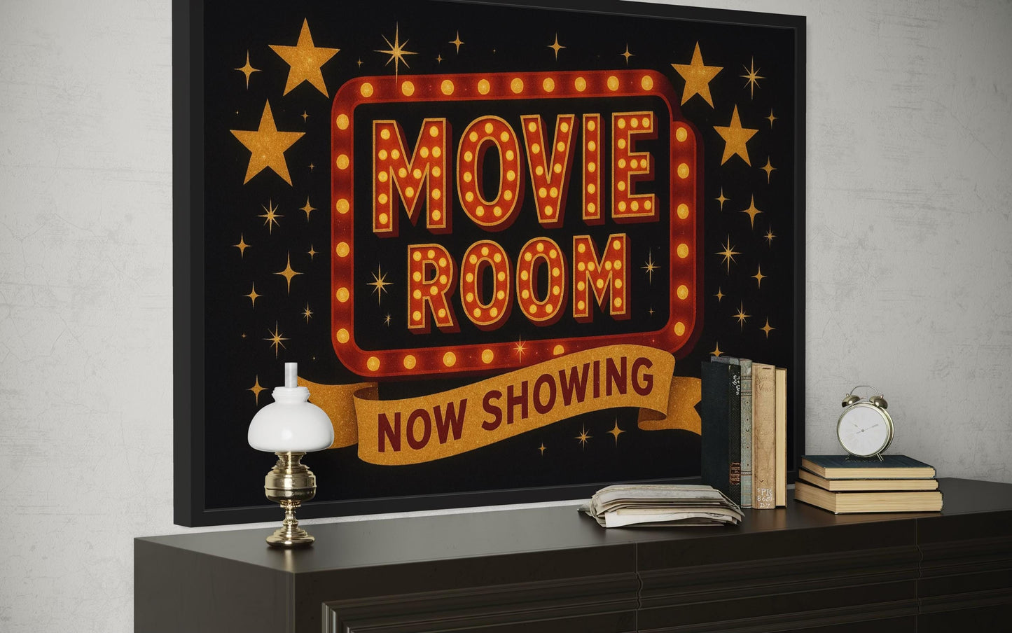 Retro Marquee Movie Room Sign Framed Canvas Wall Art
