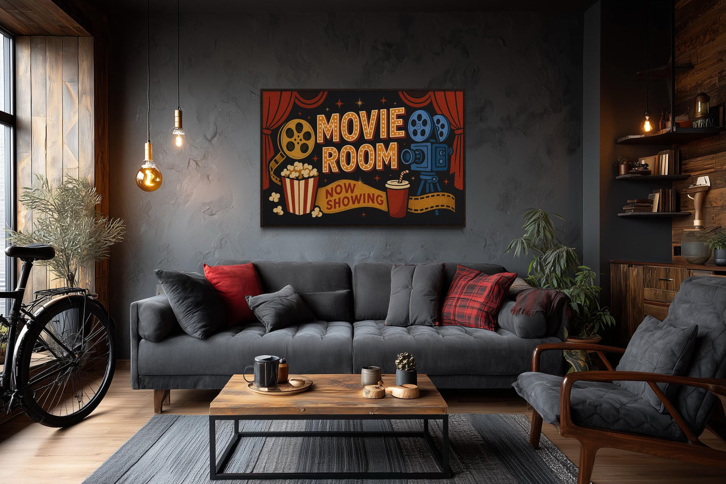Retro Movie Room Sign With Popcorn, Camera And Drink Canvas Wall Art