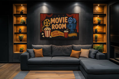 Retro Movie Room Sign With Popcorn, Camera And Drink Canvas Wall Art