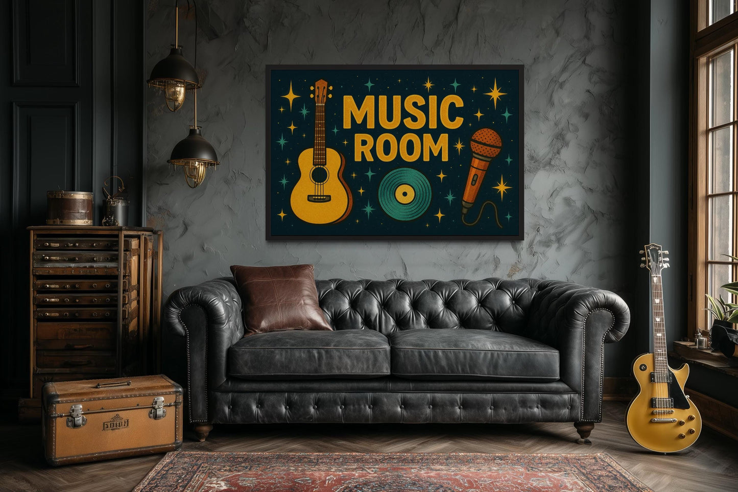 Retro Music Room Sign Framed Canvas Wall Art With Guitar, Microphone And Record