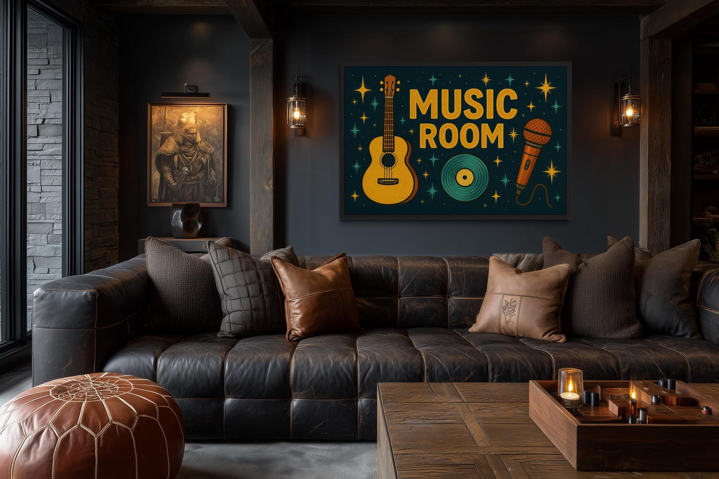 Retro Music Room Sign Framed Canvas Wall Art With Guitar, Microphone And Record