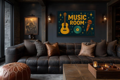Retro Music Room Sign Framed Canvas Wall Art With Guitar, Microphone And Record