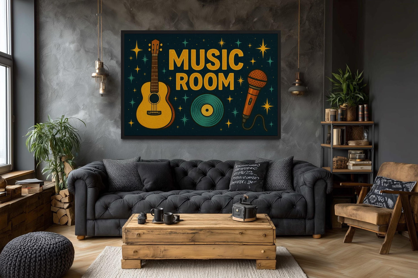 Retro Music Room Sign Framed Canvas Wall Art With Guitar, Microphone And Record