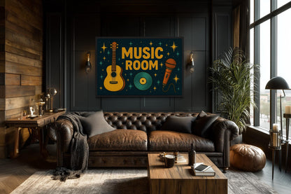 Retro Music Room Sign Framed Canvas Wall Art With Guitar, Microphone And Record
