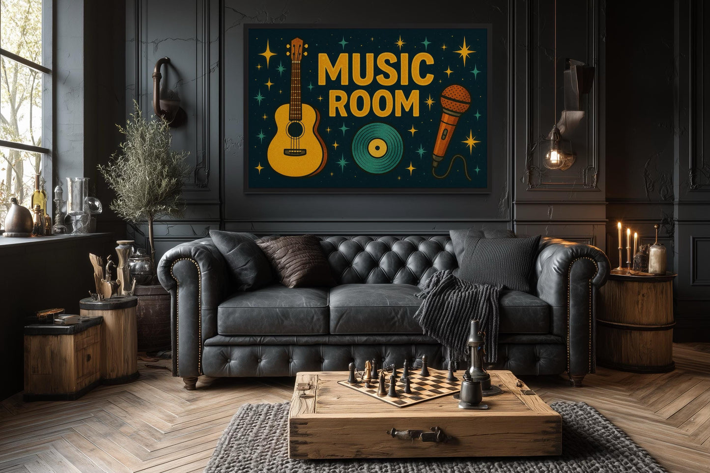 Retro Music Room Sign Framed Canvas Wall Art With Guitar, Microphone And Record