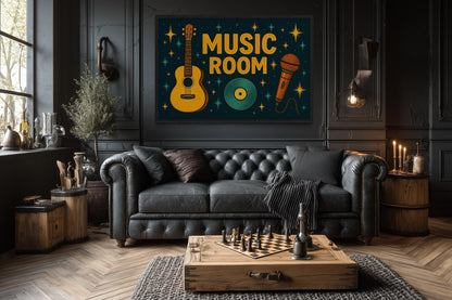 Retro Music Room Sign Framed Canvas Wall Art With Guitar, Microphone And Record