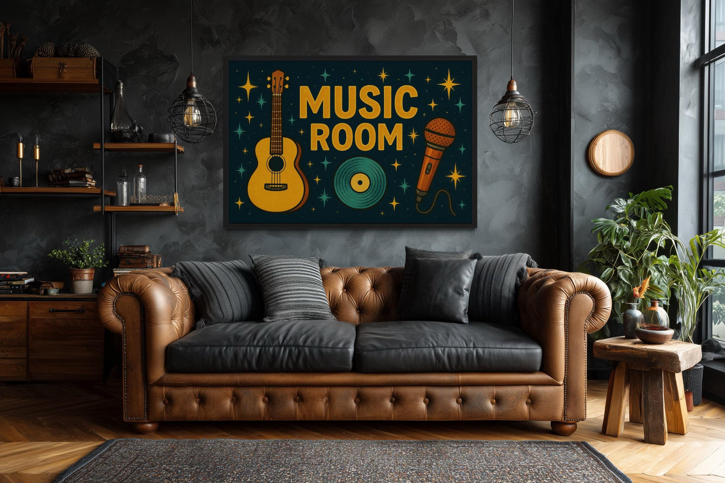 Retro Music Room Sign Framed Canvas Wall Art With Guitar, Microphone And Record