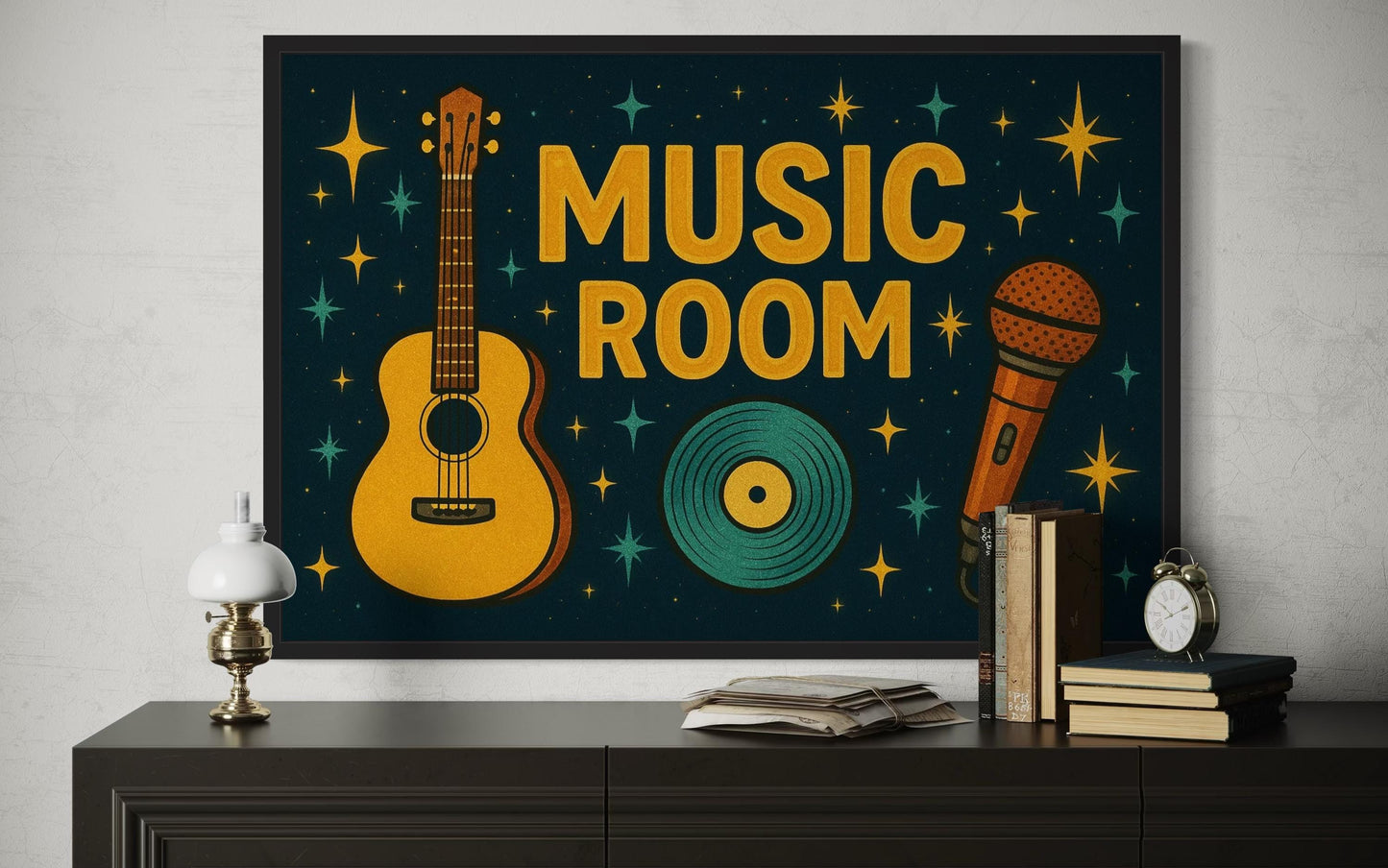 Retro Music Room Sign Framed Canvas Wall Art With Guitar, Microphone And Record