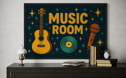 Retro Music Room Sign Framed Canvas Wall Art With Guitar, Microphone And Record