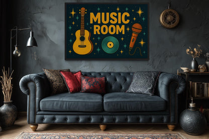 Retro Music Room Sign Framed Canvas Wall Art With Guitar, Microphone And Record