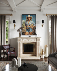 Retro Pin Up Style Cowgirl Framed Canvas Wall Art