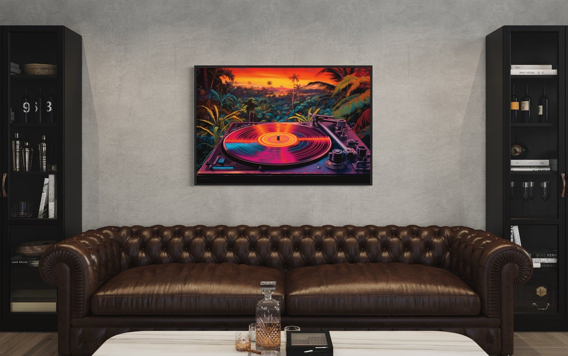 Retro Vinyl Record Player Synthwave Music Framed Canvas Wall Art