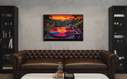 Retro Vinyl Record Player Synthwave Music Framed Canvas Wall Art