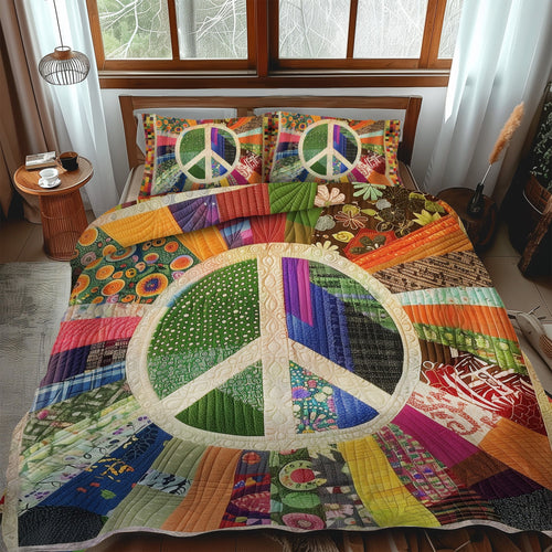 Retro Peace Sign 3-Piece Quilted Bedding Set - Single (59" x 70")