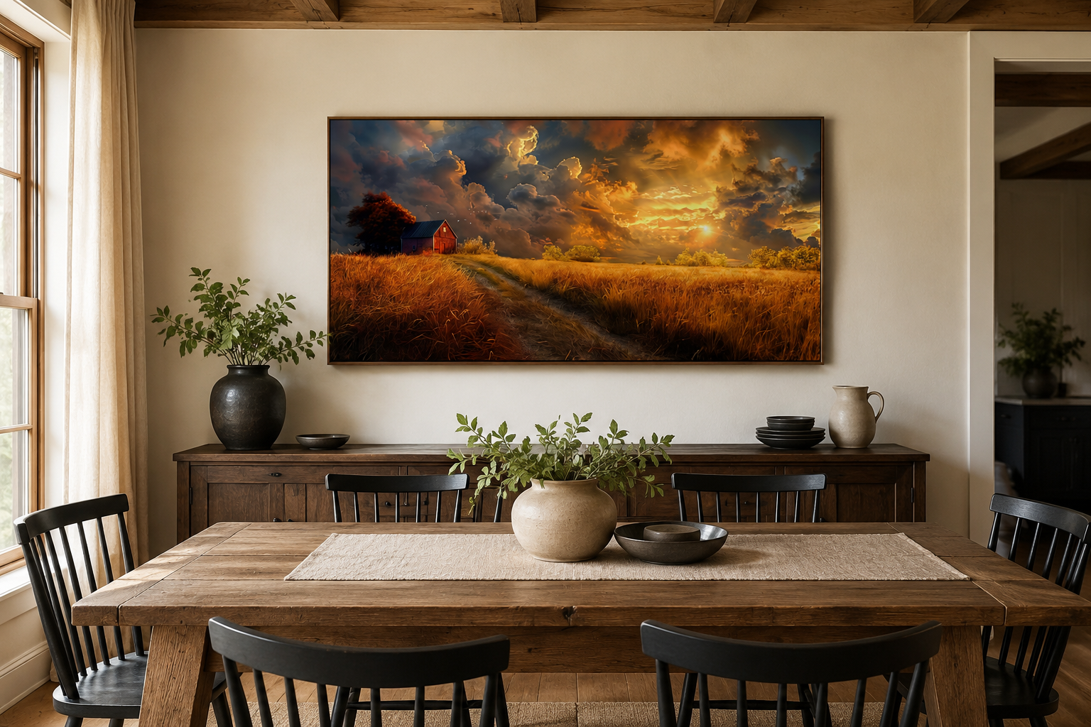 Old Red Barn In Autumn Sunset Framed Farmhouse Canvas Wall Art
