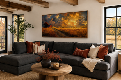Old Red Barn In Autumn Sunset Framed Farmhouse Canvas Wall Art