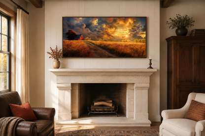 Old Red Barn In Autumn Sunset Framed Farmhouse Canvas Wall Art