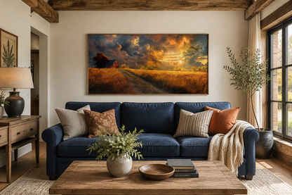 Old Red Barn In Autumn Sunset Framed Farmhouse Canvas Wall Art