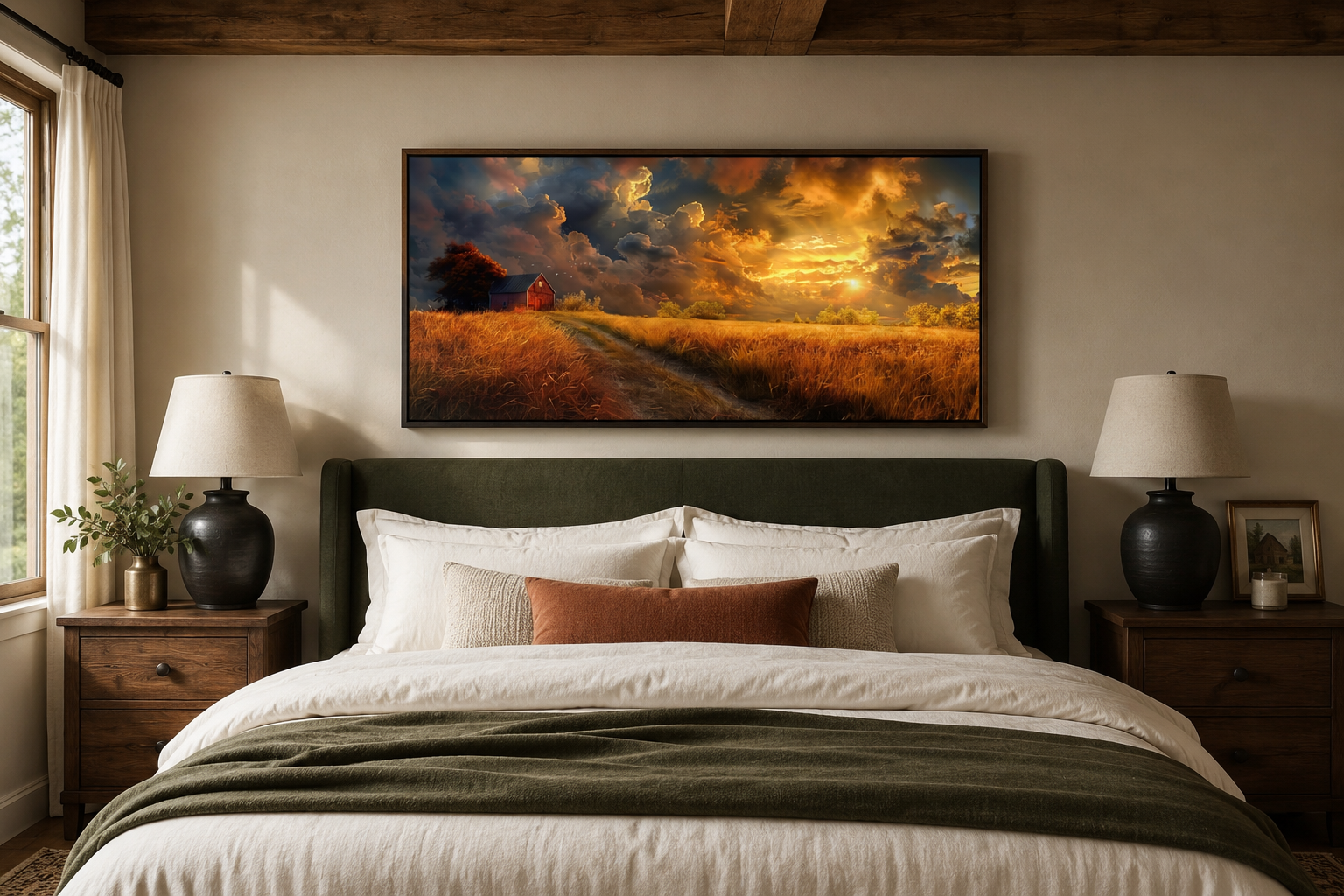 Old Red Barn In Autumn Sunset Framed Farmhouse Canvas Wall Art