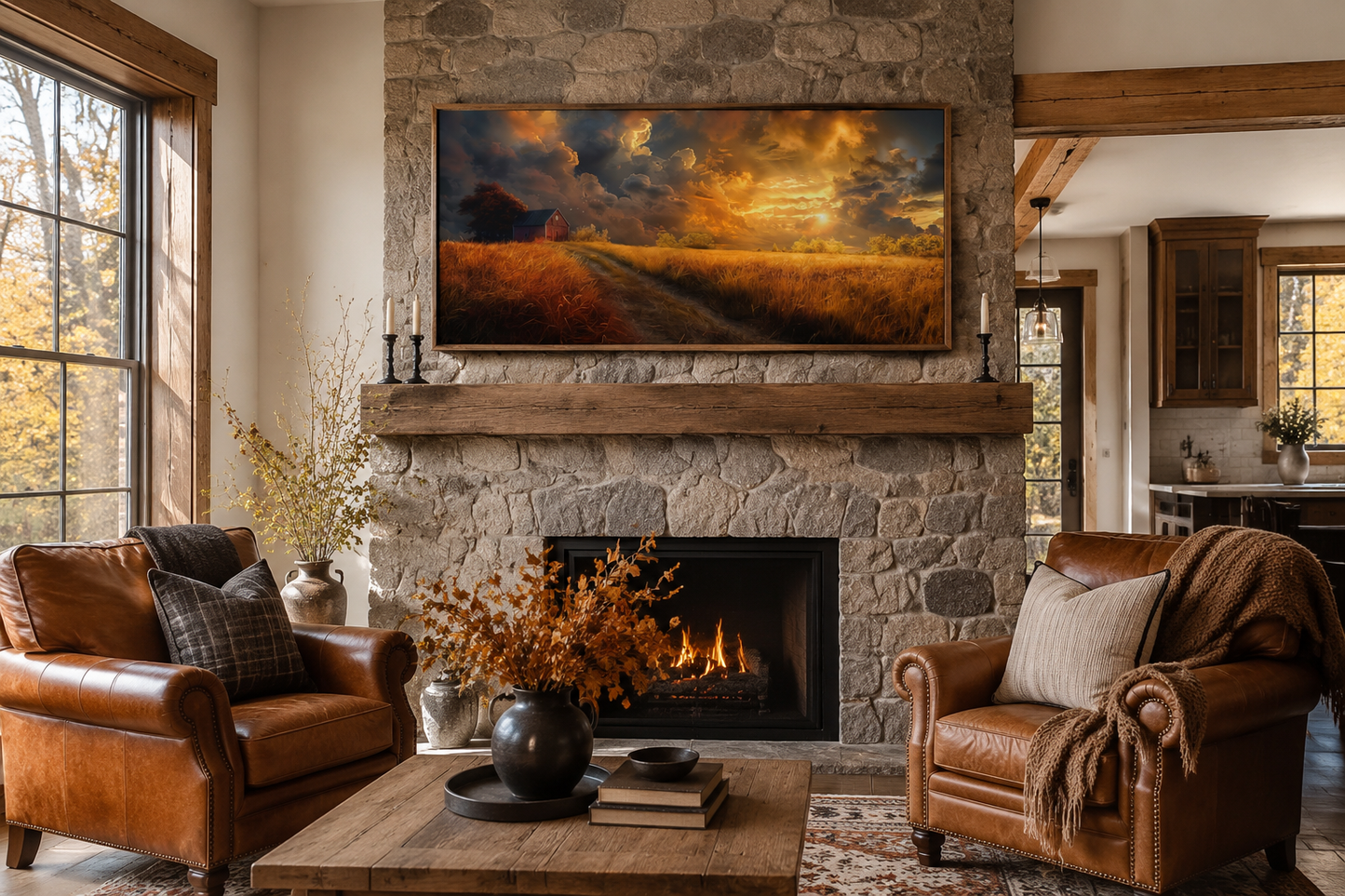 Old Red Barn In Autumn Sunset Framed Farmhouse Canvas Wall Art