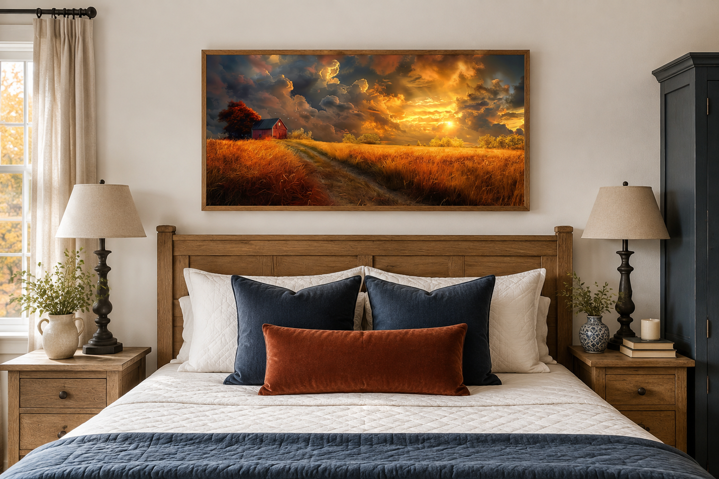 Old Red Barn In Autumn Sunset Framed Farmhouse Canvas Wall Art