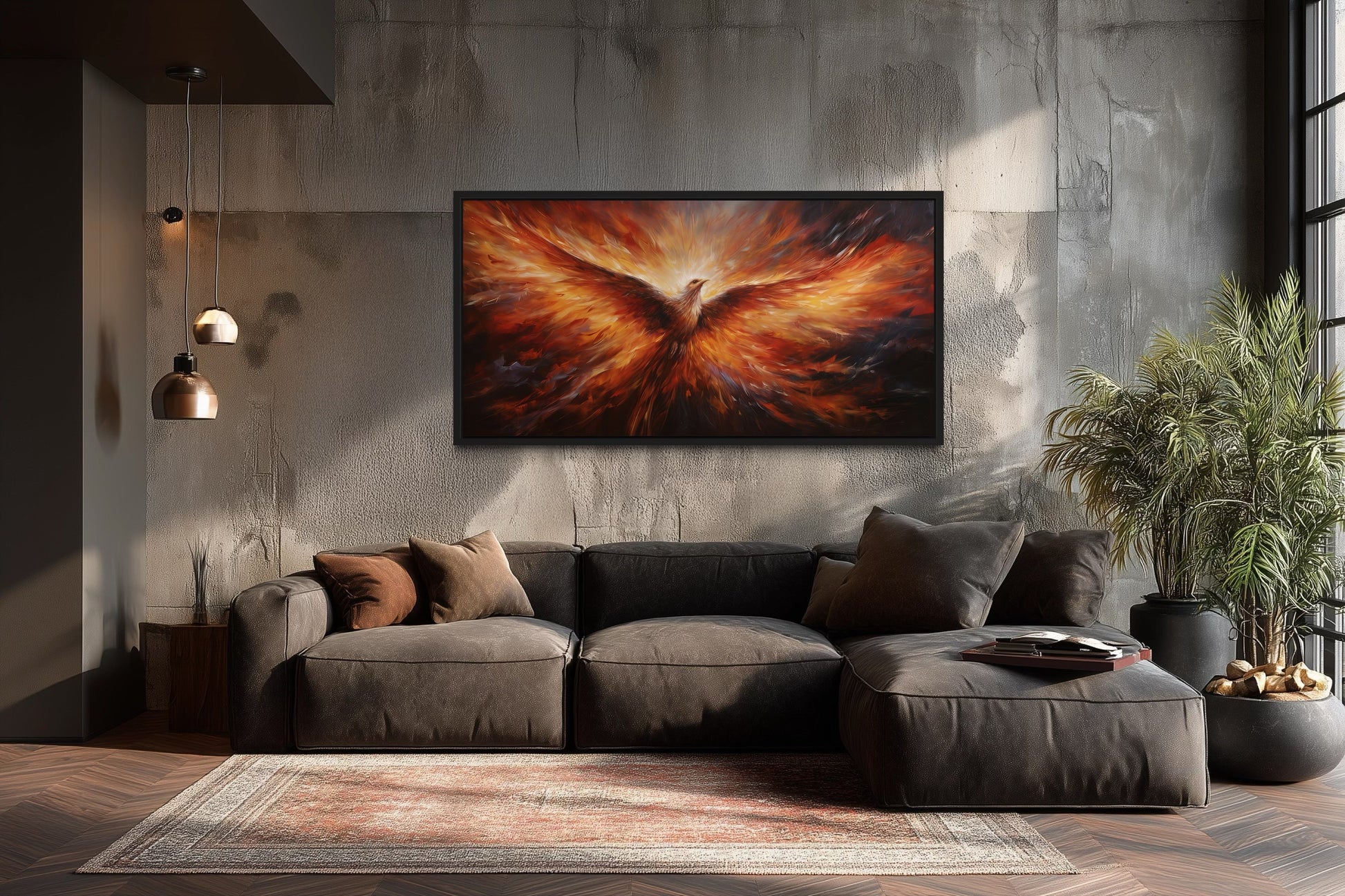 Rising Phoenix Extra Large Orange Framed Canvas Wall Art For Living Room Or Dining