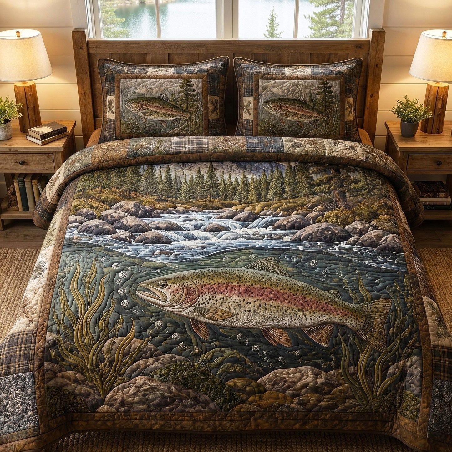 River Trout 3-Piece Quilted Bedding Set - Single (59" x 70")
