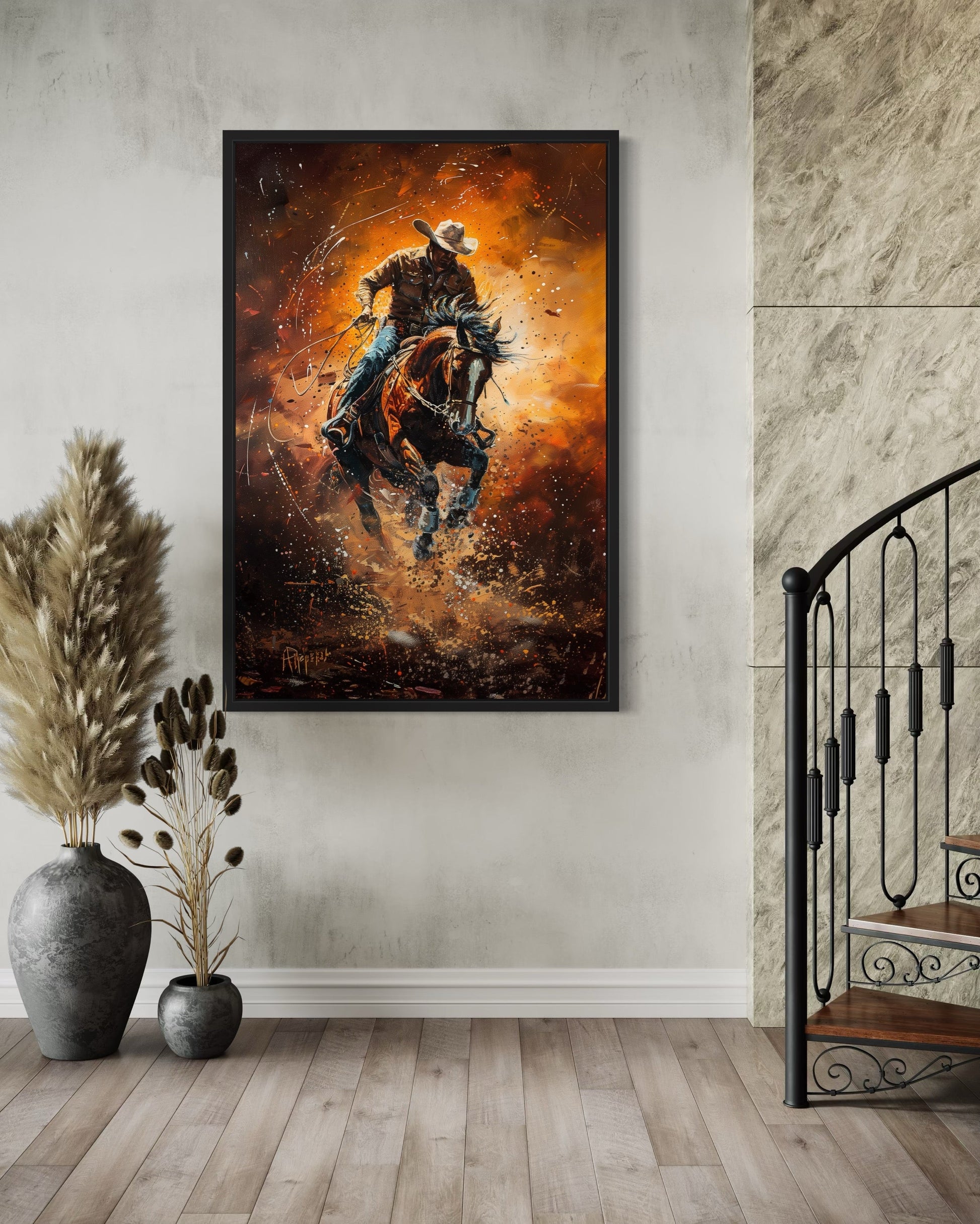 Rodeo Cowboy Riding Bucking Bronco Western Canvas Wall Art