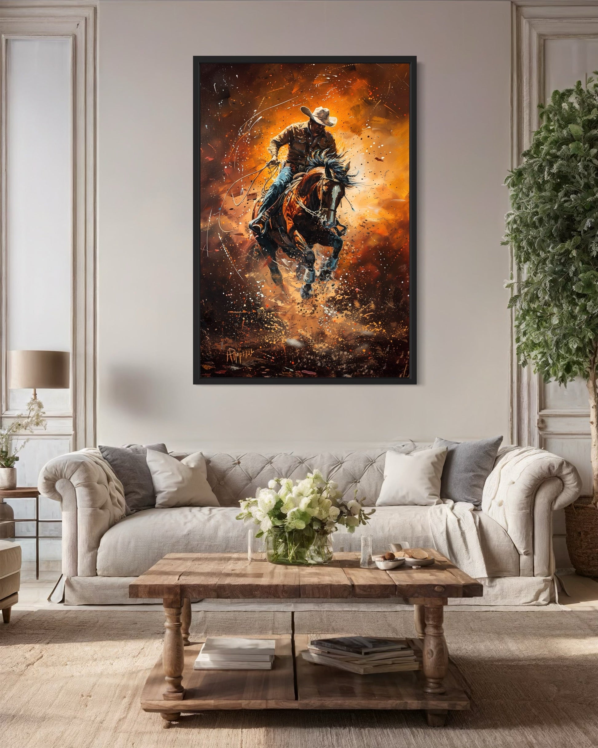 Rodeo Cowboy Riding Bucking Bronco Western Canvas Wall Art