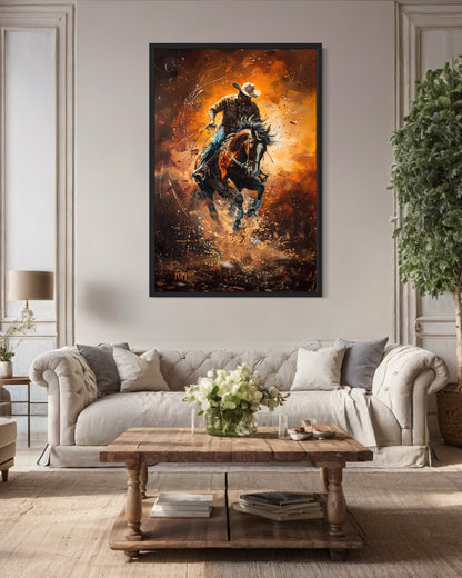 Rodeo Cowboy Riding Bucking Bronco Western Canvas Wall Art