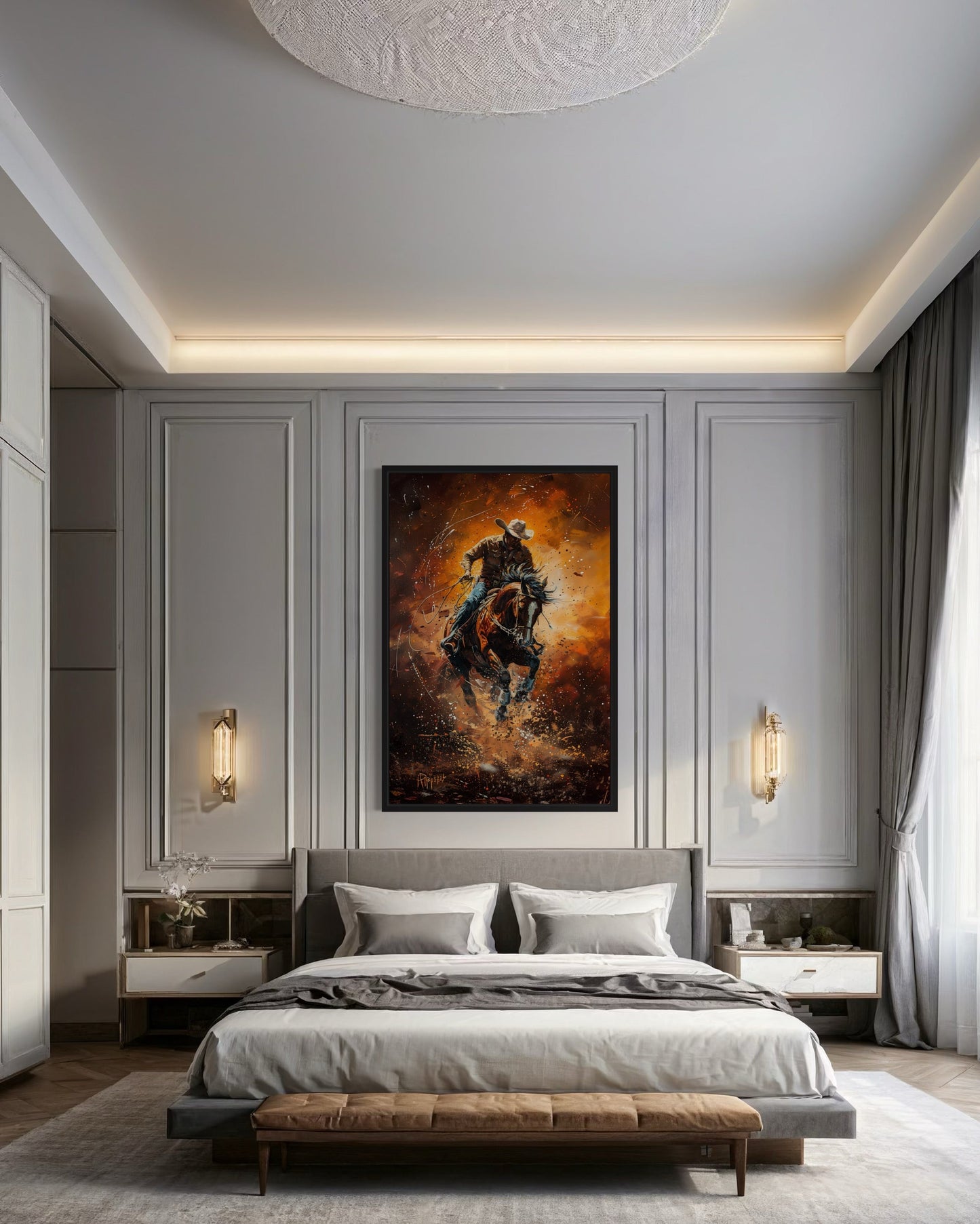 Rodeo Cowboy Riding Bucking Bronco Western Canvas Wall Art