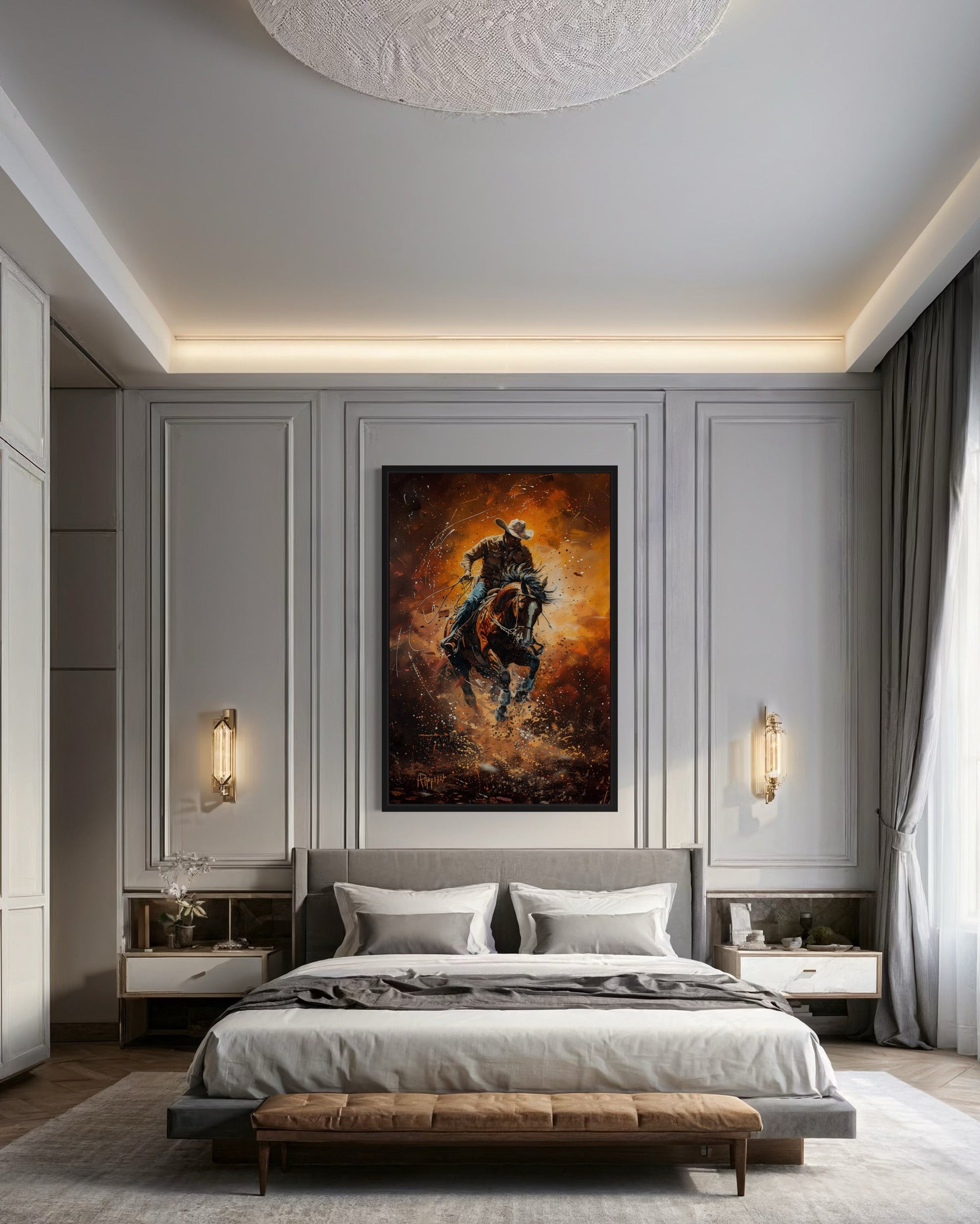 Rodeo Cowboy Riding Bucking Bronco Western Canvas Wall Art