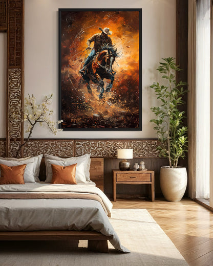 Rodeo Cowboy Riding Bucking Bronco Western Canvas Wall Art