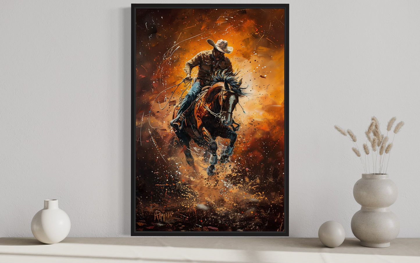 Rodeo Cowboy Riding Bucking Bronco Western Canvas Wall Art
