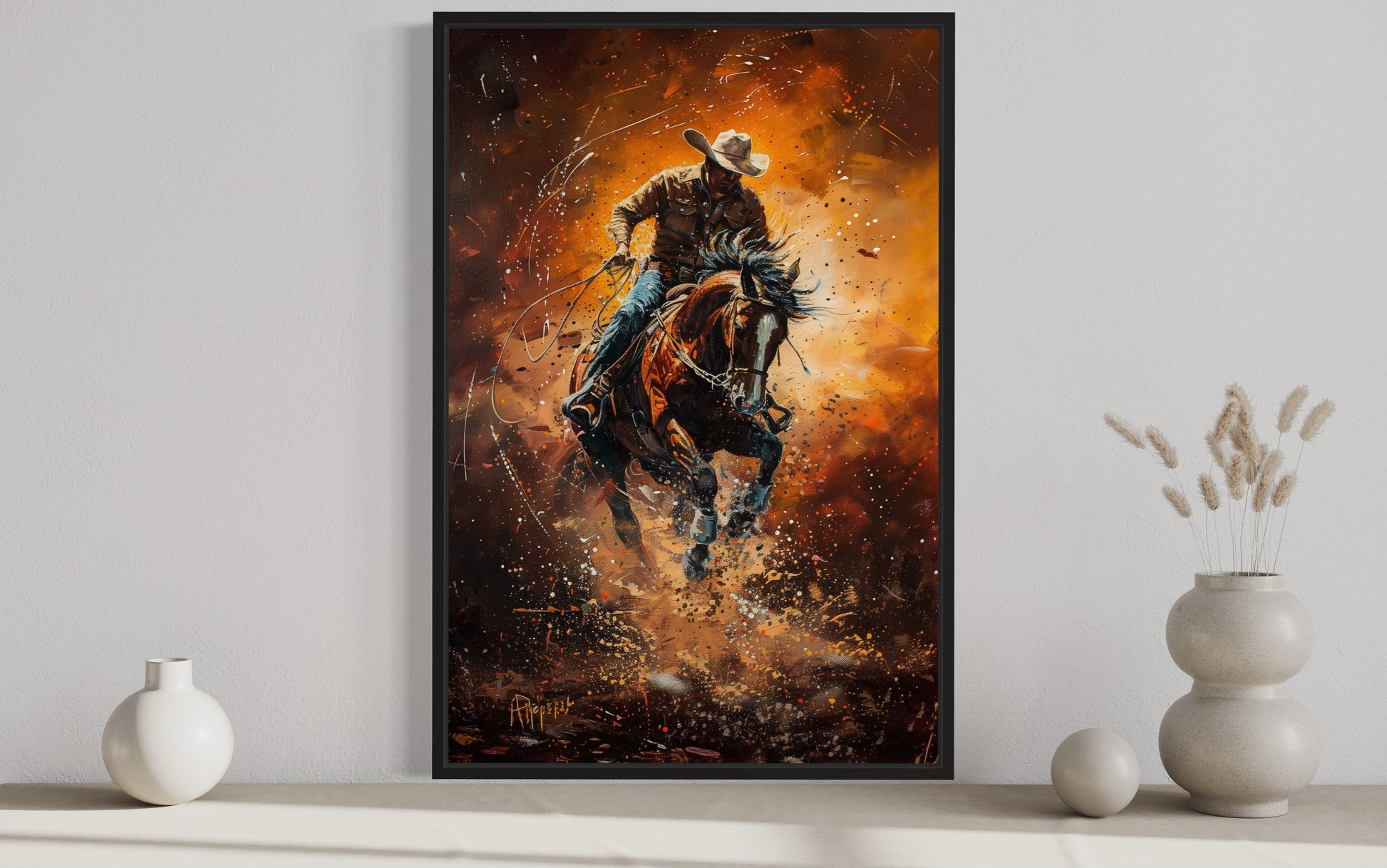 Rodeo Cowboy Riding Bucking Bronco Western Canvas Wall Art