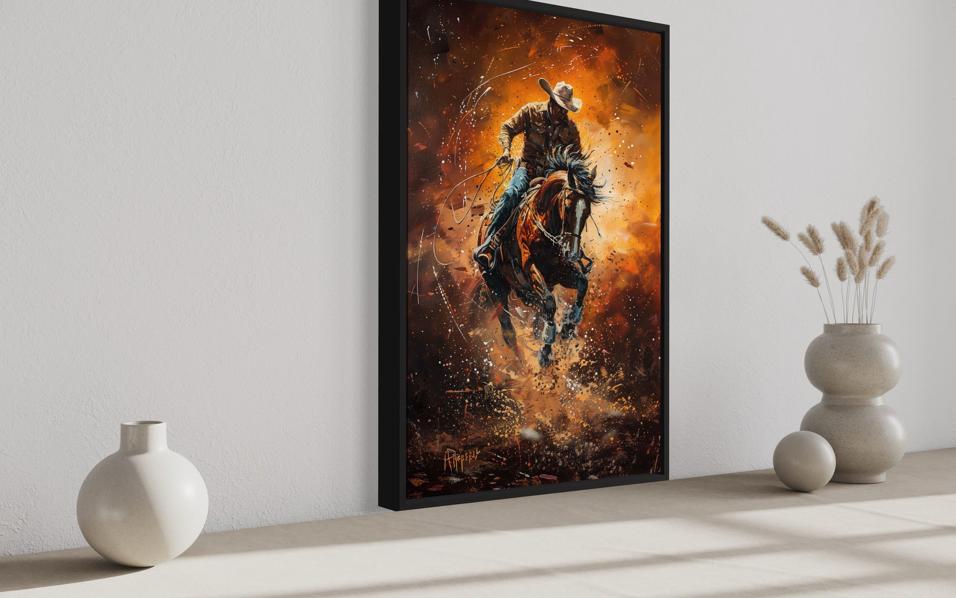 Rodeo Cowboy Riding Bucking Bronco Western Canvas Wall Art
