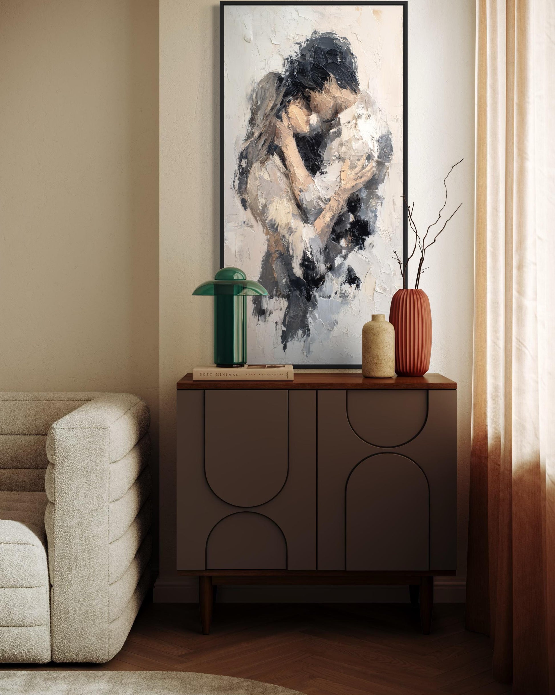 Romantic Couple Embrace Abstract Neutral Tall Vertical Canvas Wall Art