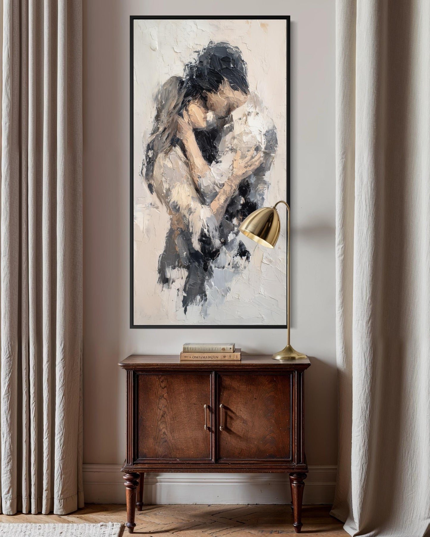 Romantic Couple Embrace Abstract Neutral Tall Vertical Canvas Wall Art