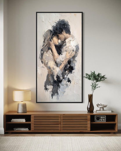 Romantic Couple Embrace Abstract Neutral Tall Vertical Canvas Wall Art