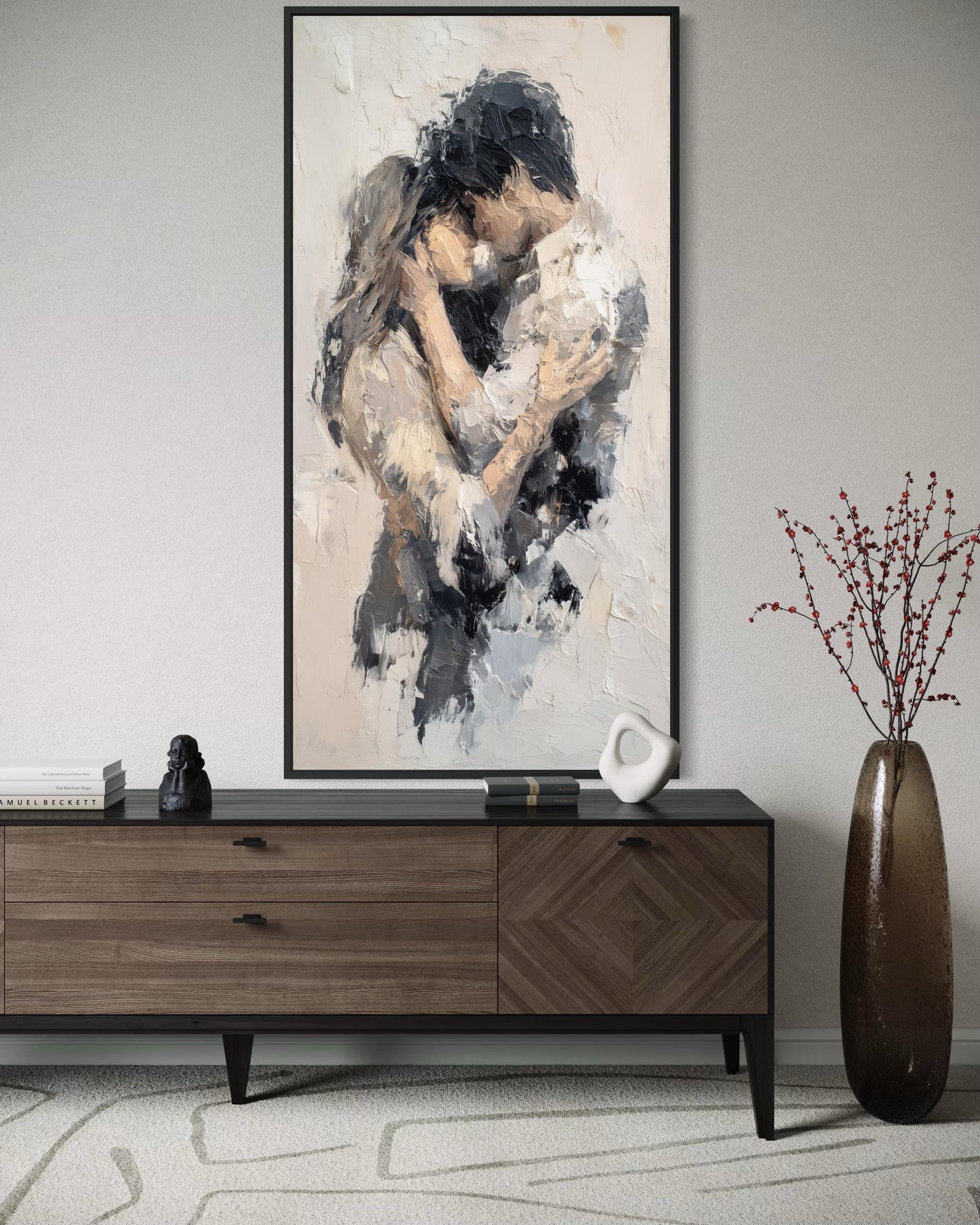 Romantic Couple Embrace Abstract Neutral Tall Vertical Canvas Wall Art