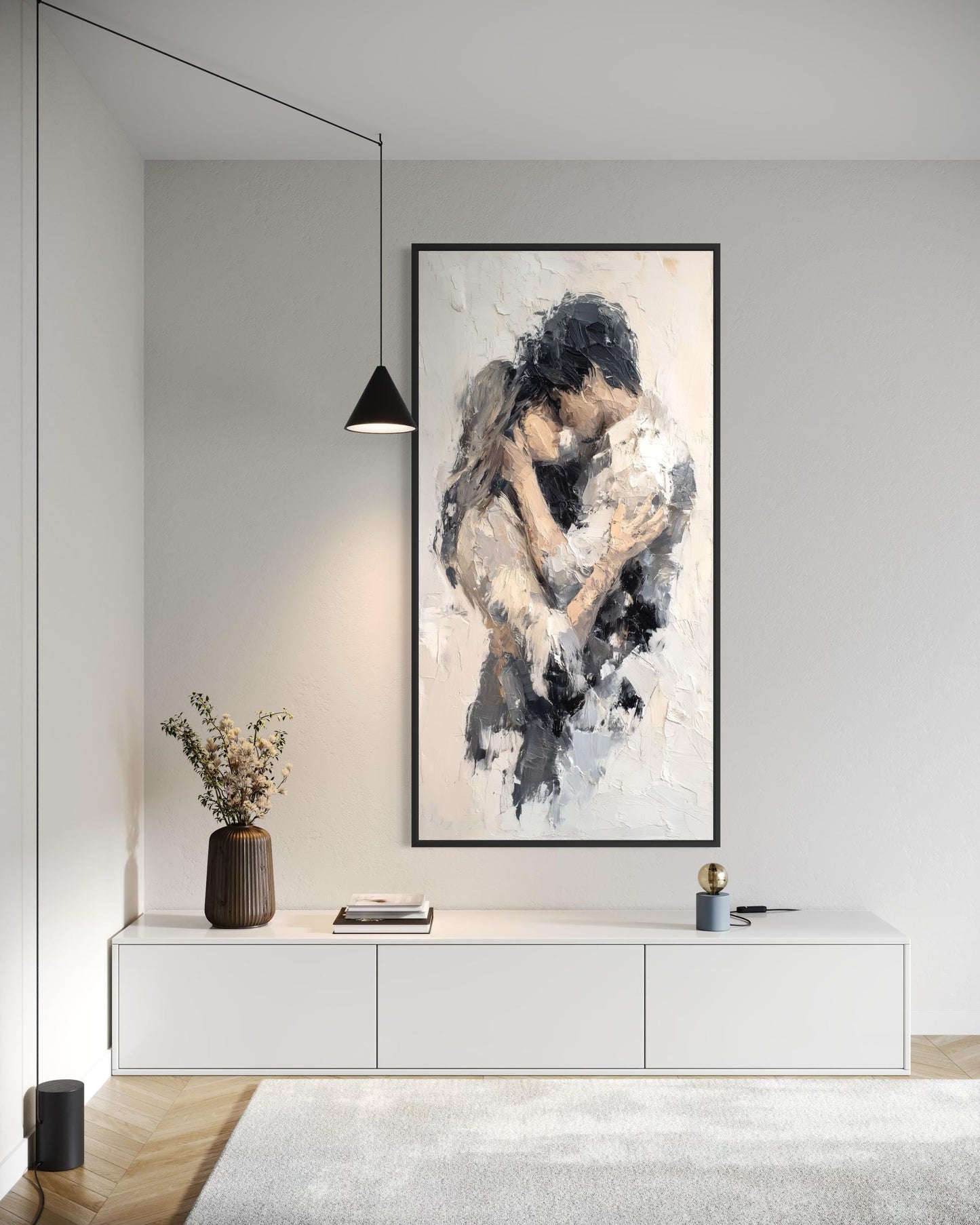 Romantic Couple Embrace Abstract Neutral Tall Vertical Canvas Wall Art