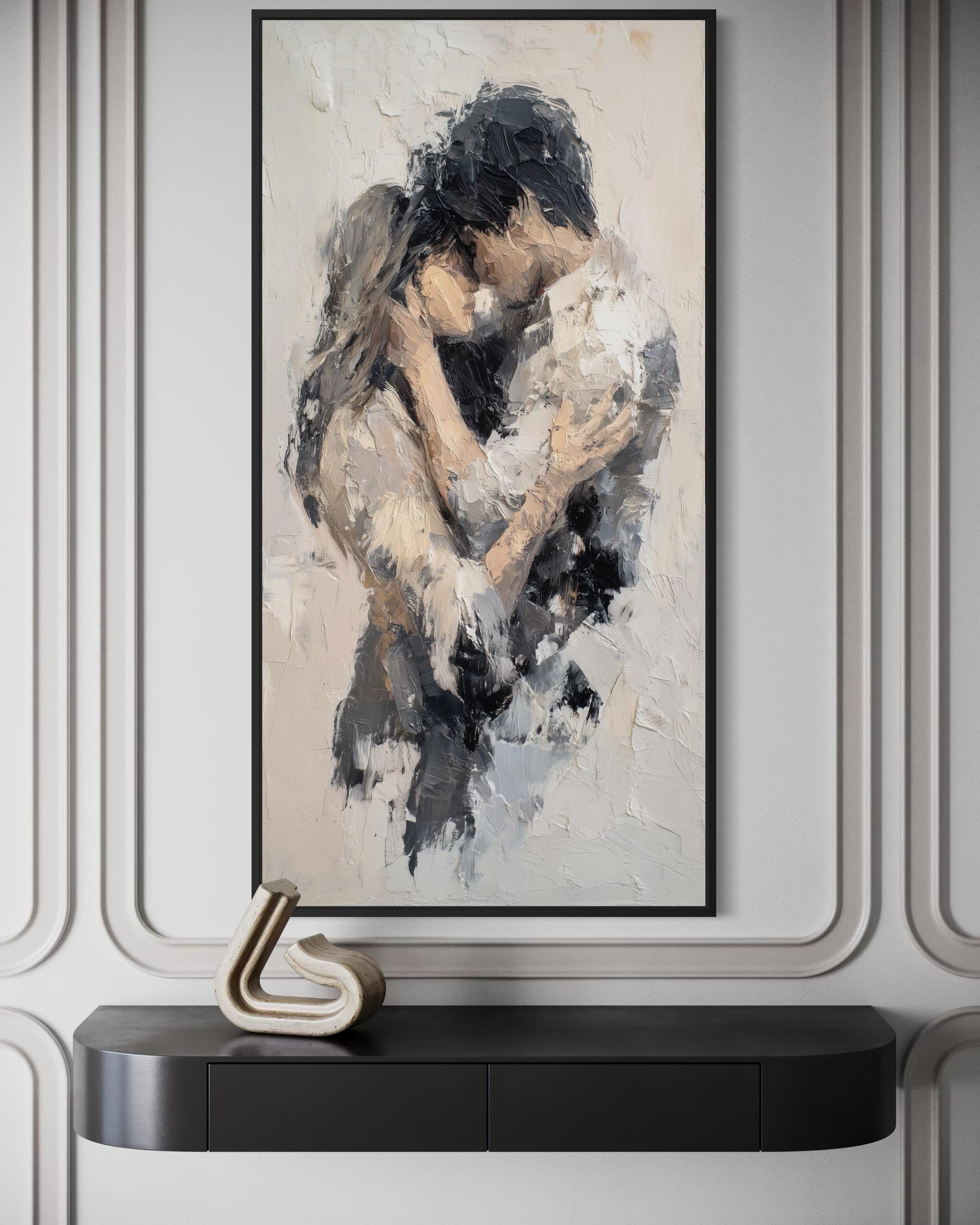 Romantic Couple Embrace Abstract Neutral Tall Vertical Canvas Wall Art