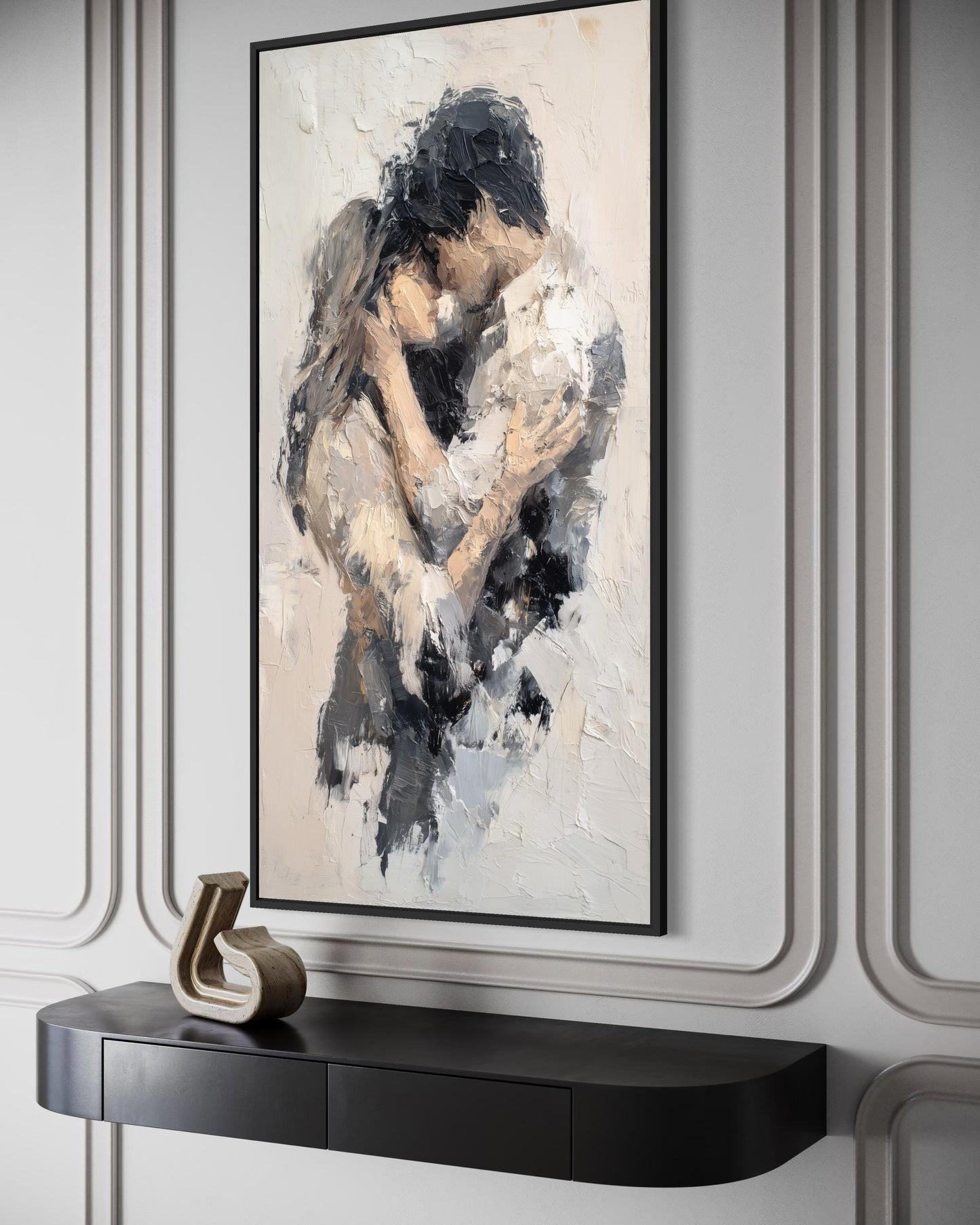 Romantic Couple Embrace Abstract Neutral Tall Vertical Canvas Wall Art
